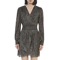 Metallic Jersey Blouson-Sleeve Mini Wrap Dress