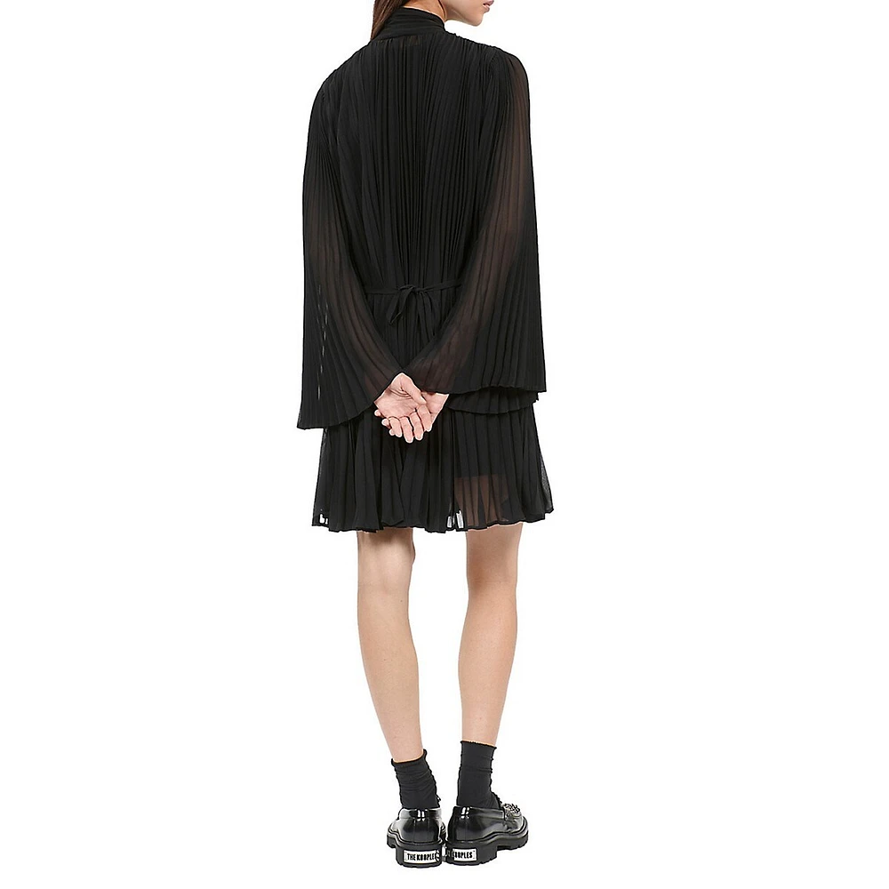 Tie-Neck Pleated Mini Trapeze Dress