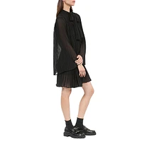 Tie-Neck Pleated Mini Trapeze Dress