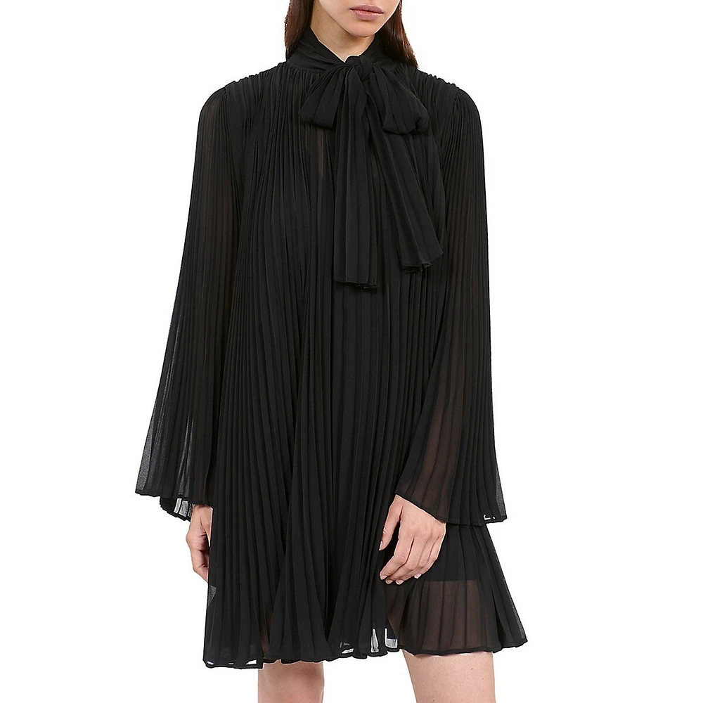 Tie-Neck Pleated Mini Trapeze Dress