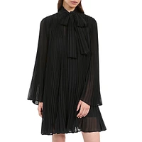 Tie-Neck Pleated Mini Trapeze Dress