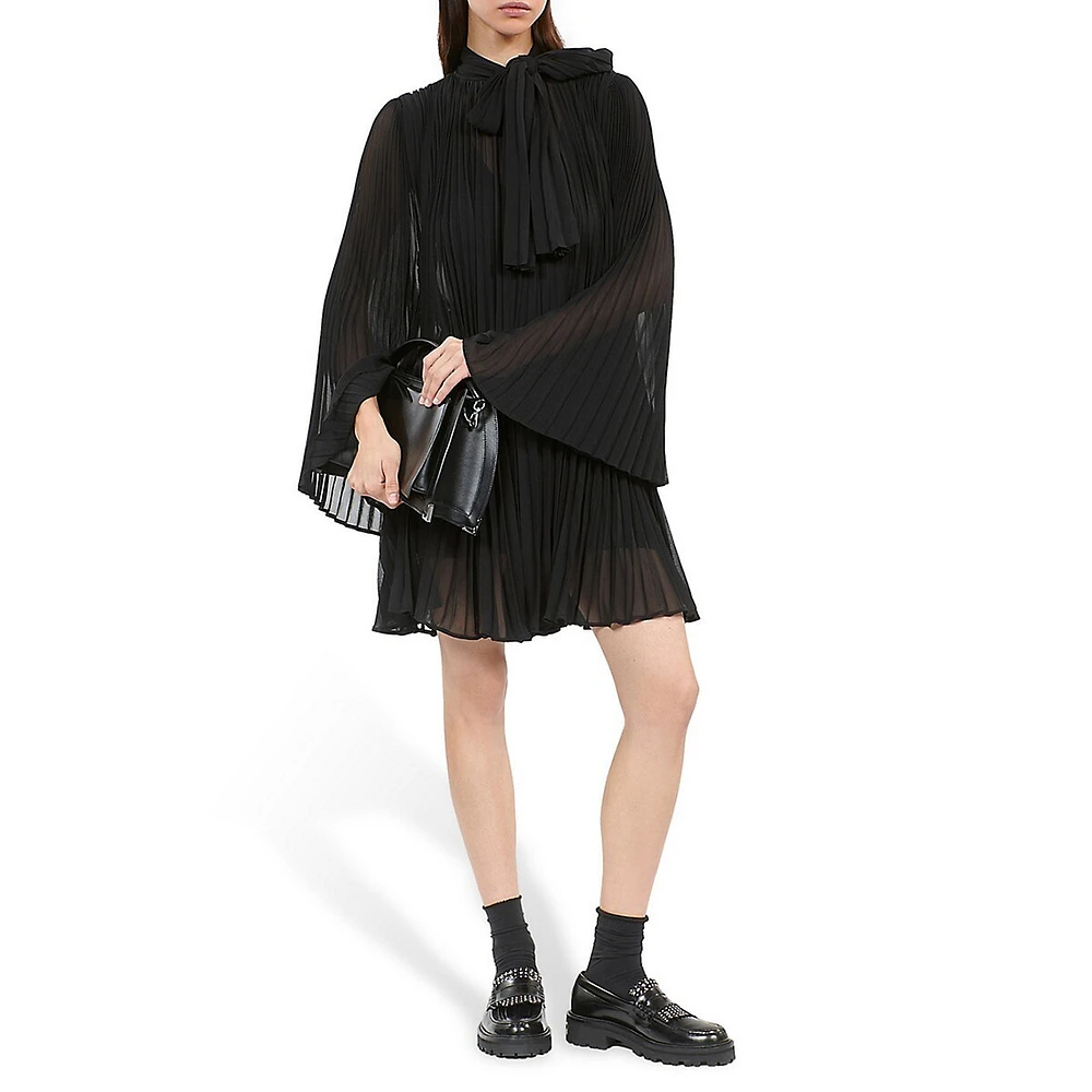 Tie-Neck Pleated Mini Trapeze Dress