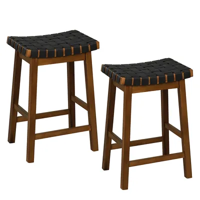 Woven Saddle Stools Set Of 2 Faux Pu Leather Counter Height Kitchen Stool