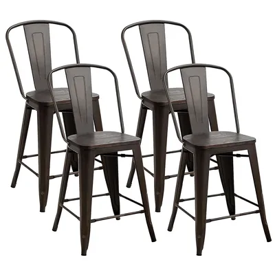 Set Of 4 Tolix Style Metal Dining Chairs W/ Wood Seat Kitchen Gun