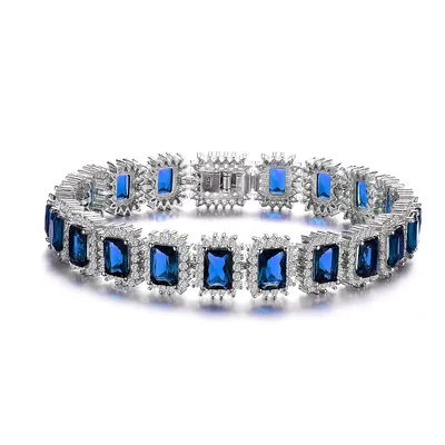 Sterling Silver With Blue Sapphire Cubic Zirconia Rectangular Halo Cluster Link Vintage Tennis Bracelet