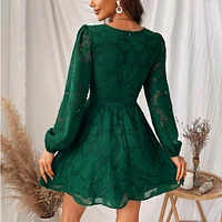 Women's Floral Plunging Long Sleeve A-line Mini Dress
