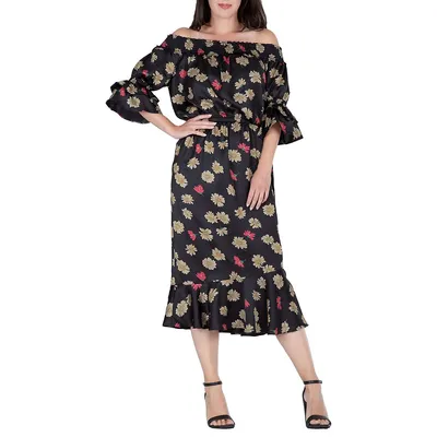 Floral Print Off-shoulder High-end Satin Midi Dress