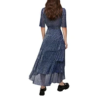 V-Neck Sheeny Tiered Midi Dress