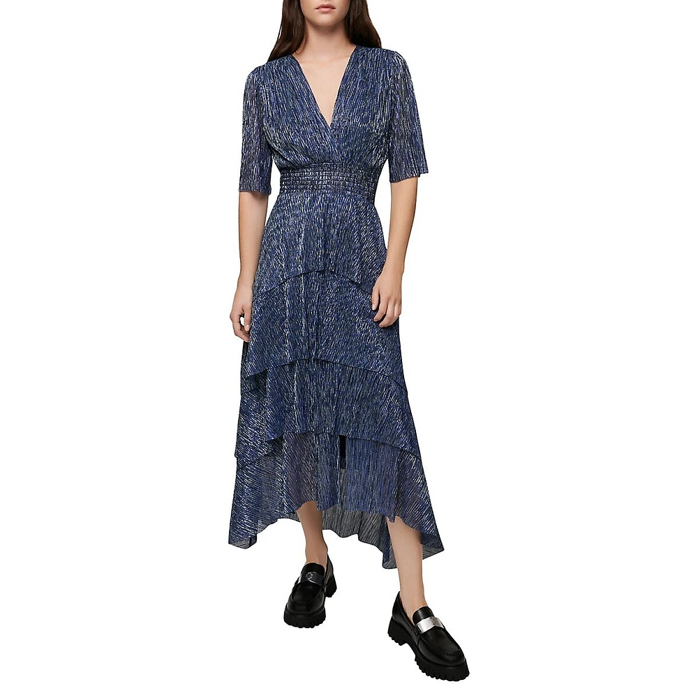 V-Neck Sheeny Tiered Midi Dress