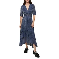 V-Neck Sheeny Tiered Midi Dress