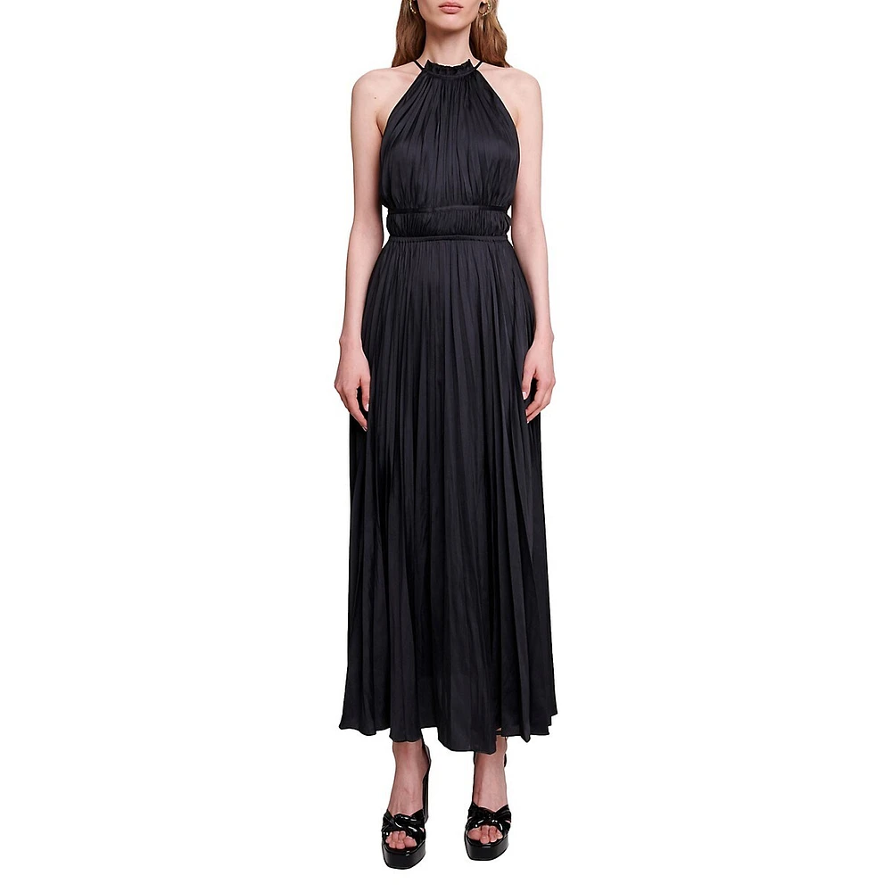 Revilly Pleated Satin Halter Maxi Dress