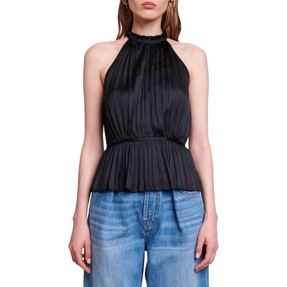 Leville Pleated Satin Halter Peplum Top