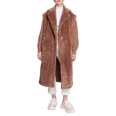 Galier Knit-Sleeve Long Faux Fur Coat