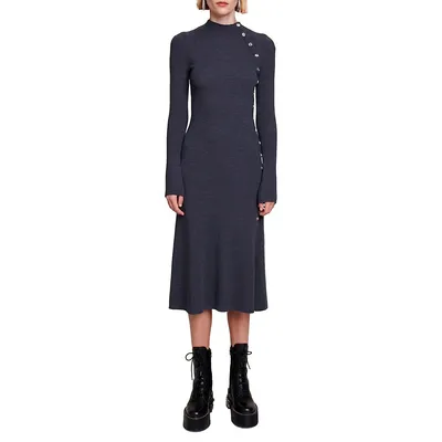 Ravie Button-Trim Rib-Knit Midi Dress