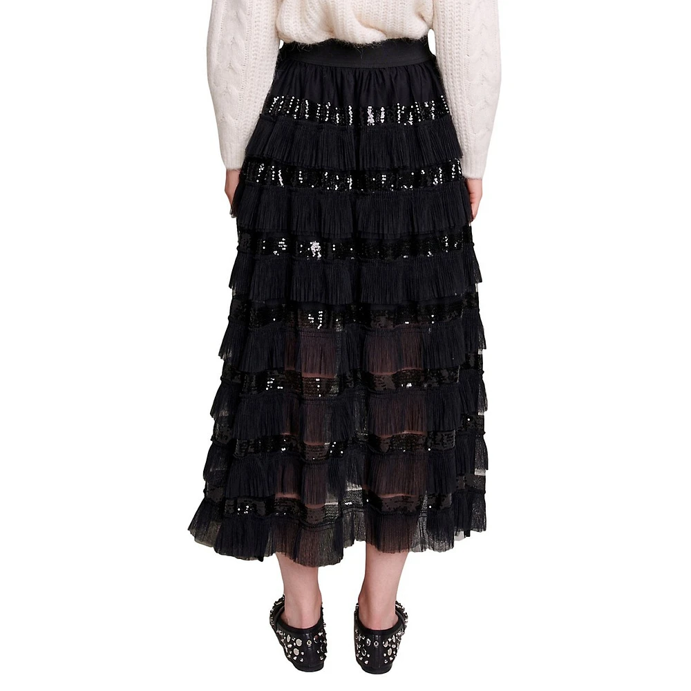 Josephy Sequin & Pleated Tulle Midi Skirt