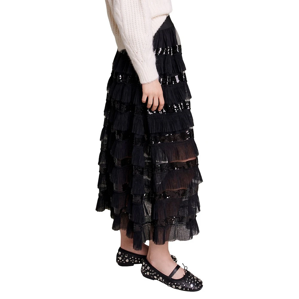 Maje Josephy Sequin & Pleated Tulle Midi Skirt