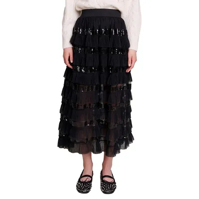 Josephy Sequin & Pleated Tulle Midi Skirt