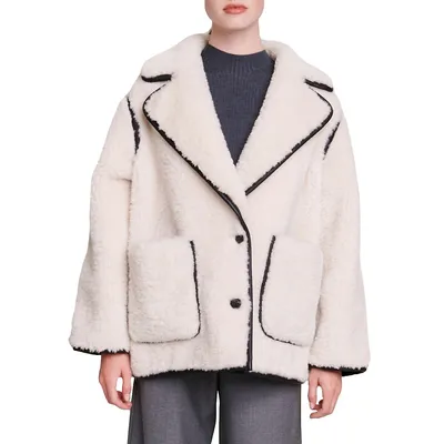 Glossy Faux-Shearling Notched-Collar Coat