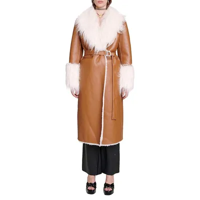 Gaga Faux Fur-Trim Leather Long Coat