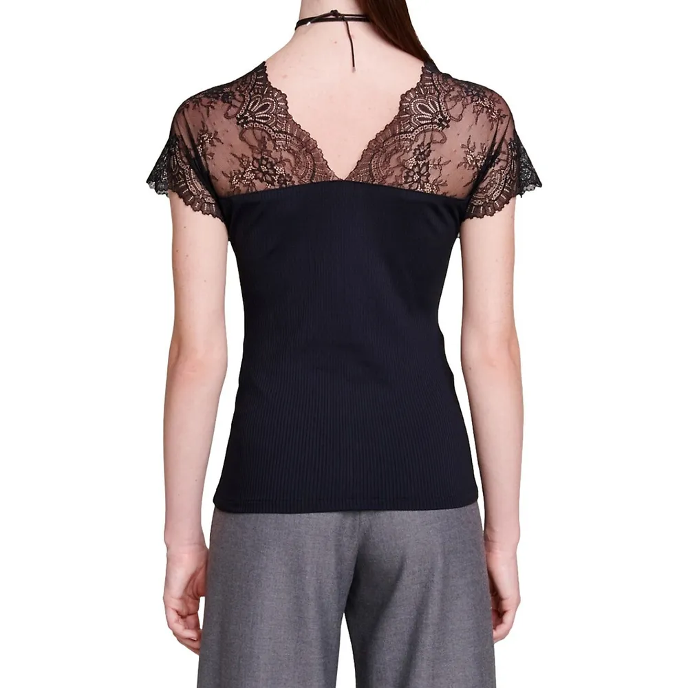 Liliona Lace-Shoulder Ribbed Top