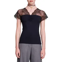 Liliona Lace-Shoulder Ribbed Top