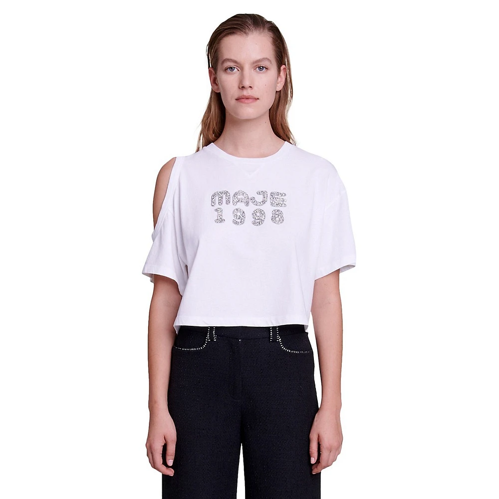 Majette Cold-Shoulder Embellished Logo T-Shirt