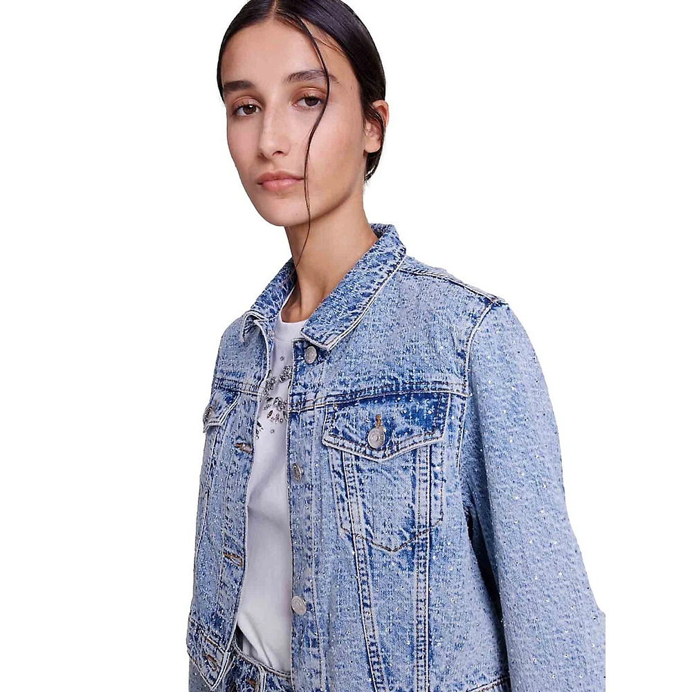 Bampokkus Rhinestone Cropped Denim Jacket