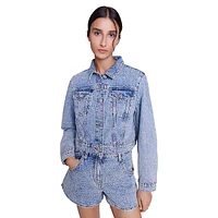 Bampokkus Rhinestone Cropped Denim Jacket