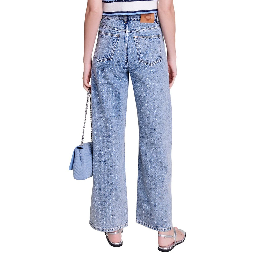 Pokkus Oversized Wide-Leg Rhinestone Jeans