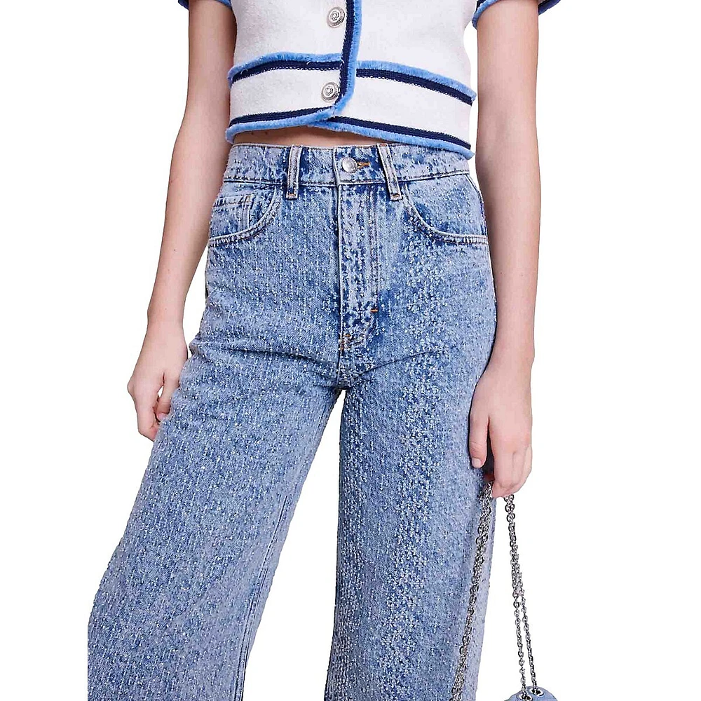 Pokkus Oversized Wide-Leg Rhinestone Jeans