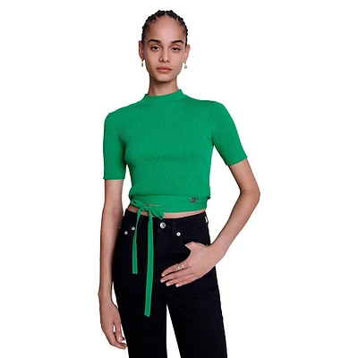 Moseanne Tie-Waist Mockneck Cropped Sweater