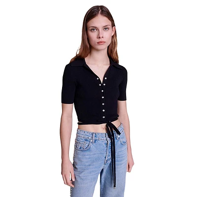 Moseal Tie-Waist Jewel-Button Cropped Sweater