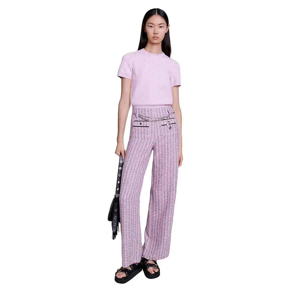 Patri Chain-Belt Wide-Leg Tweed Pants