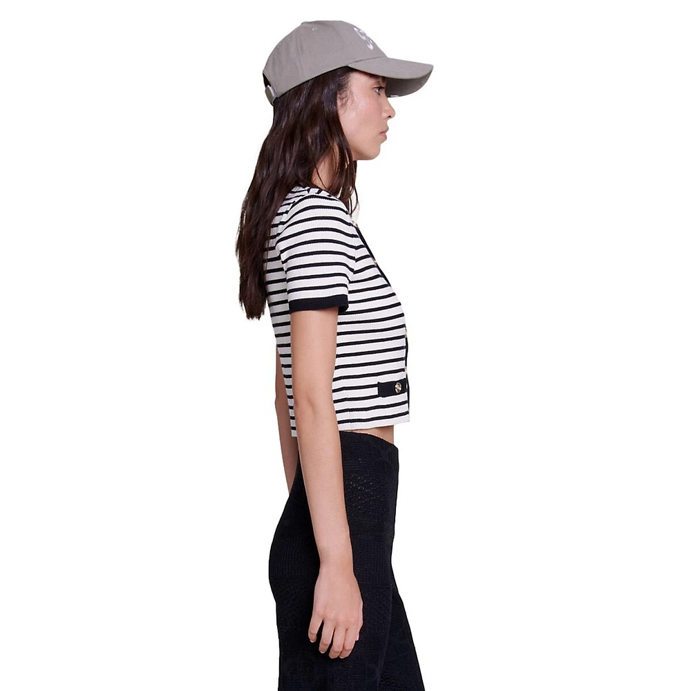 Mirolls Striped Short-Sleeve Crop Cardigan