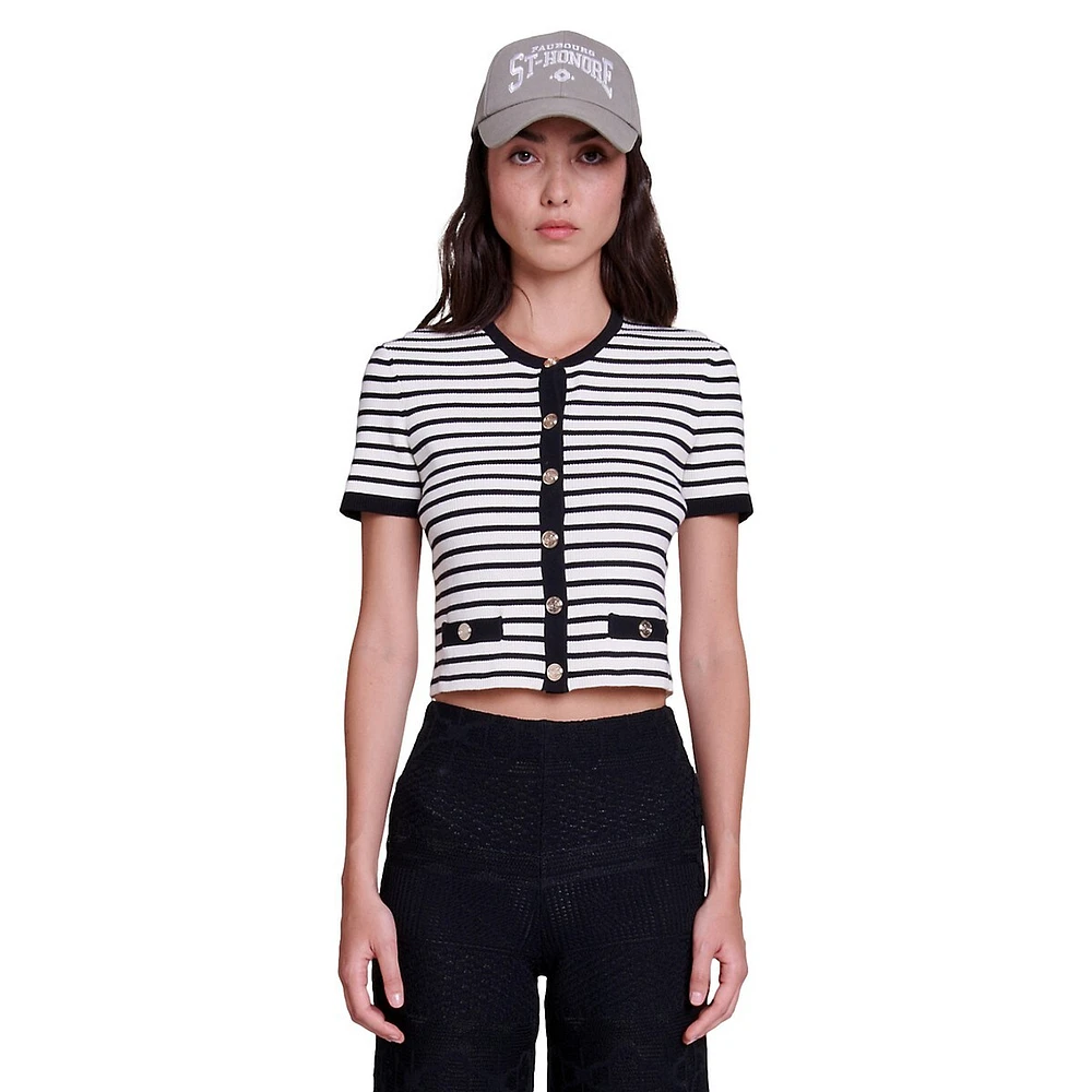 Mirolls Striped Short-Sleeve Crop Cardigan