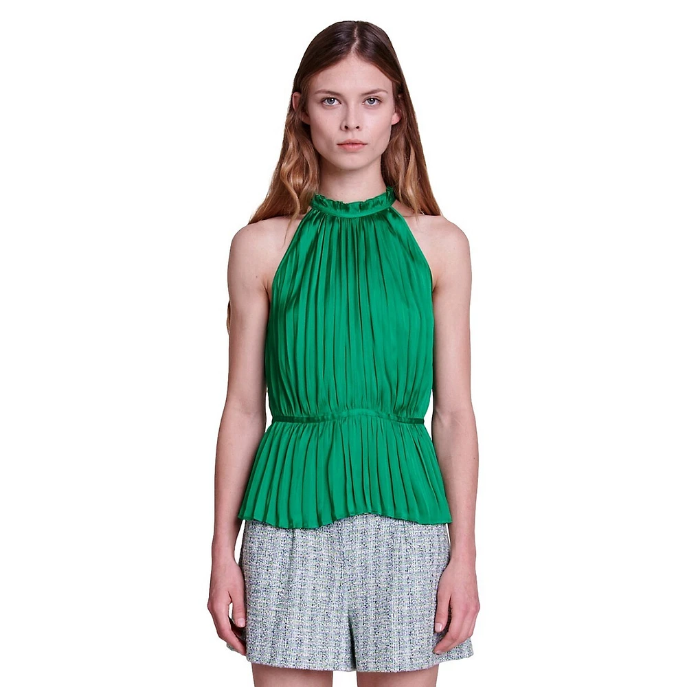 Leville Pleated Satin Halterneck Top