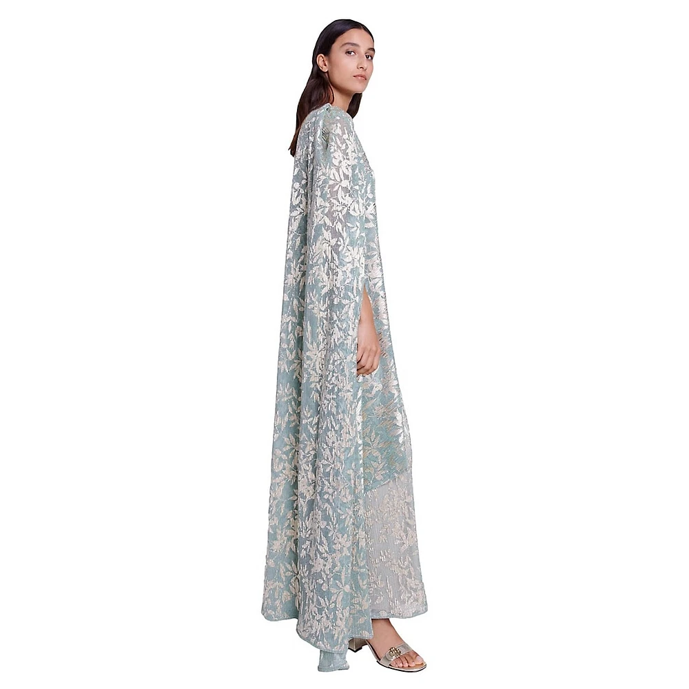 Ricape Metallic Botanical Gown With Maxi Cape