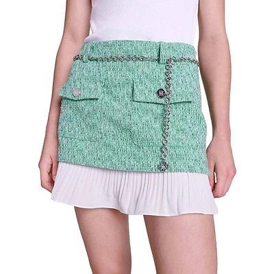 Jinny Chain-Belt Layered Tweed Mini Skirt