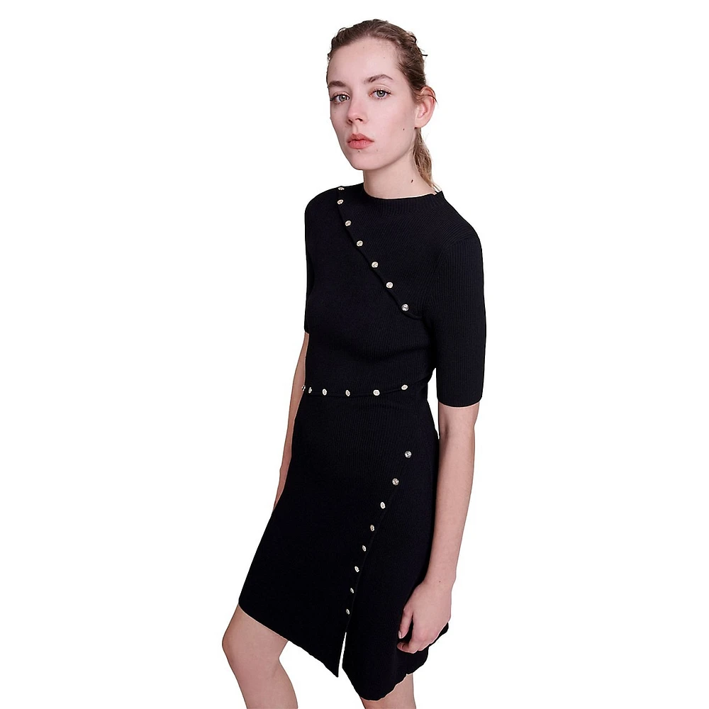 Rellier Button-Trimmed Ribbed Mini Dress