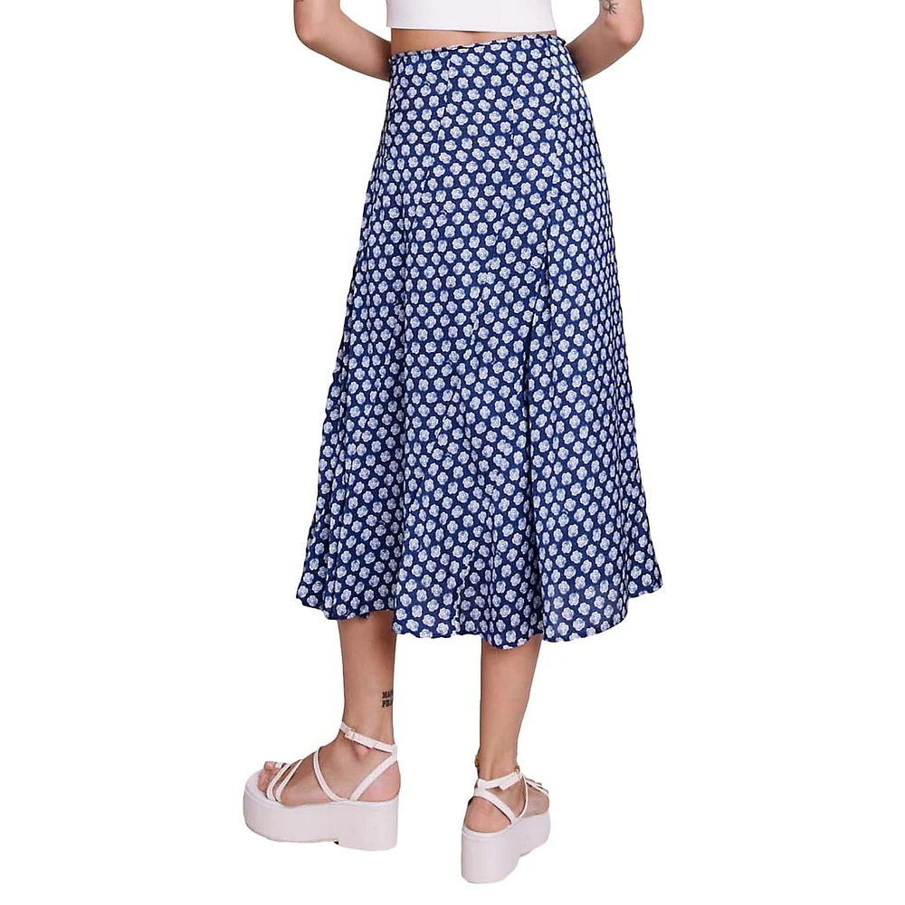 Clover-Print Satin-Effect Midi Skirt