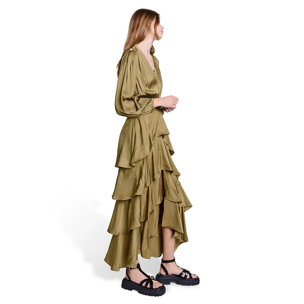 Ruffinello Tiered Ruffle Satin Maxi Dress