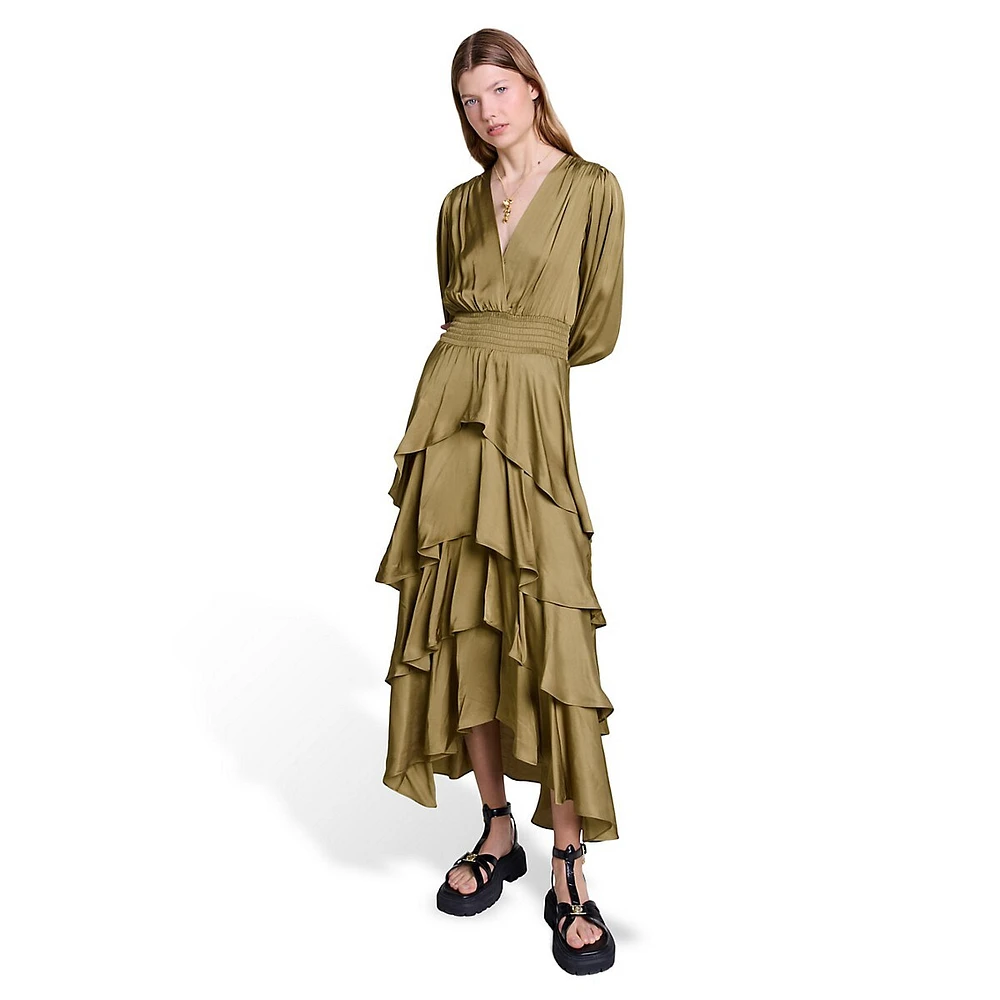 Ruffinello Tiered Ruffle Satin Maxi Dress