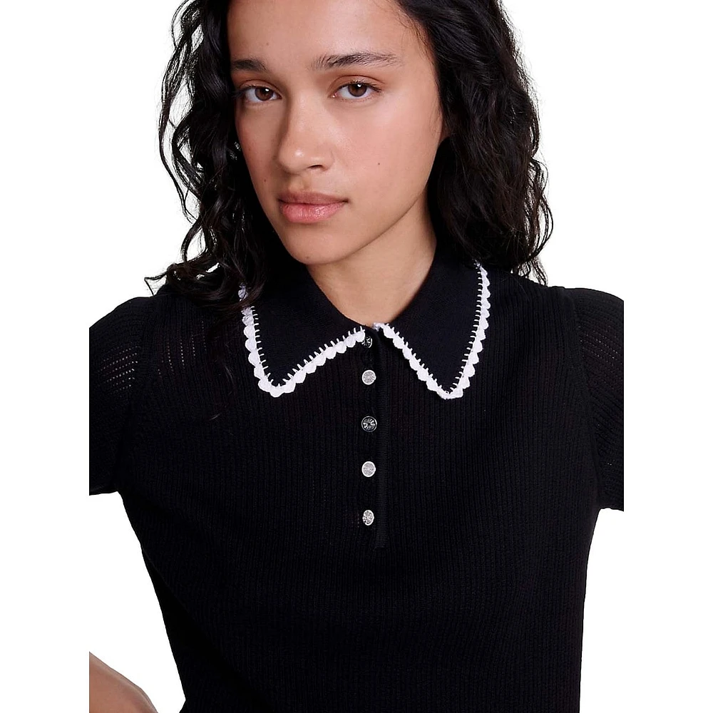 Mind Short-Sleeve Crochet-Trim Pointelle Polo Sweater