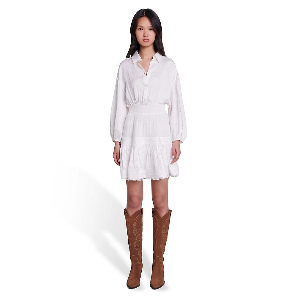 Ripone Smocked Crochet-Trim Mini Shirt Dress