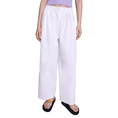 Popine Cotton Wide-Leg Pleated Pants