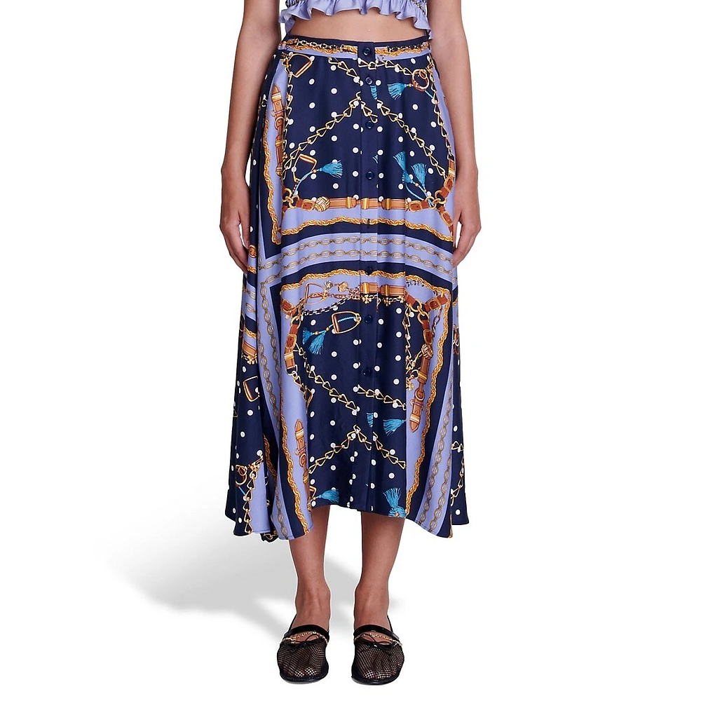 Jichaine Chain Scarf-Print Satin Midi Skirt