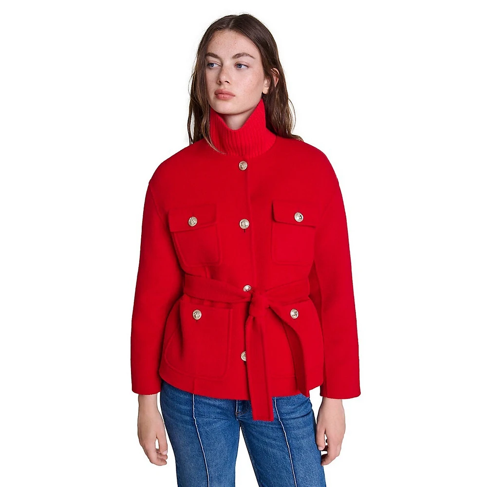 Giface Wool-Blend Collarless Belted Short Coat