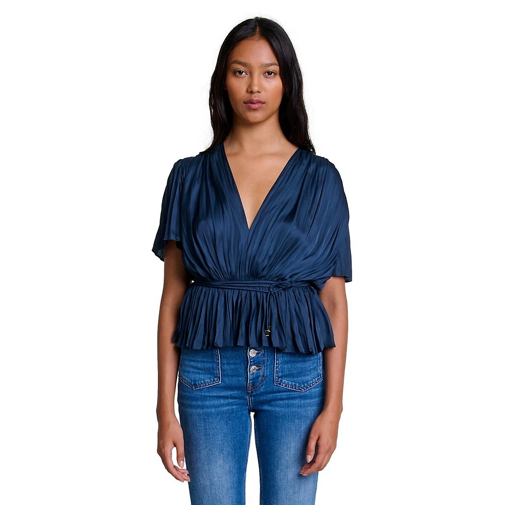 Levilly Pleated Surplice Self-Tie Top