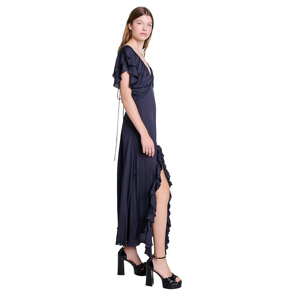 Rebla V-Neck Empire Ruffle Slit Maxi Dress