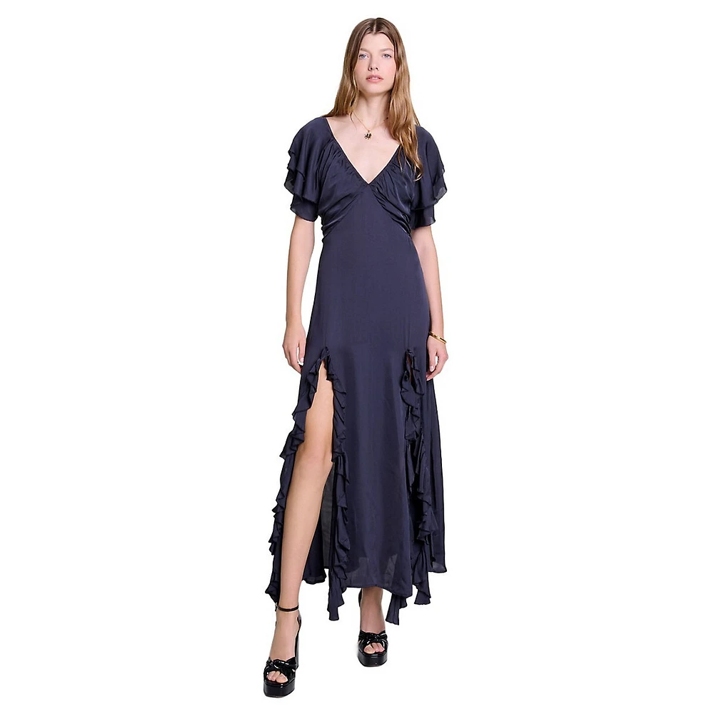 Rebla V-Neck Empire Ruffle Slit Maxi Dress